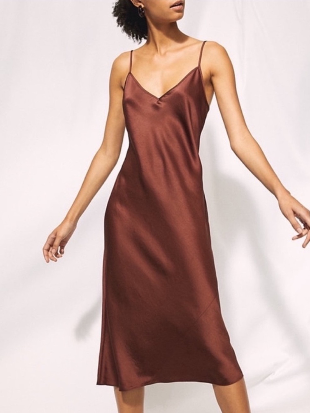 Aritzia Wilfred Only Slip Satin Midi Dress Genuine Brown Size XXS